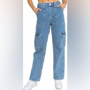 Wax Jean Medium High Rise Blue Cargo Jeans.